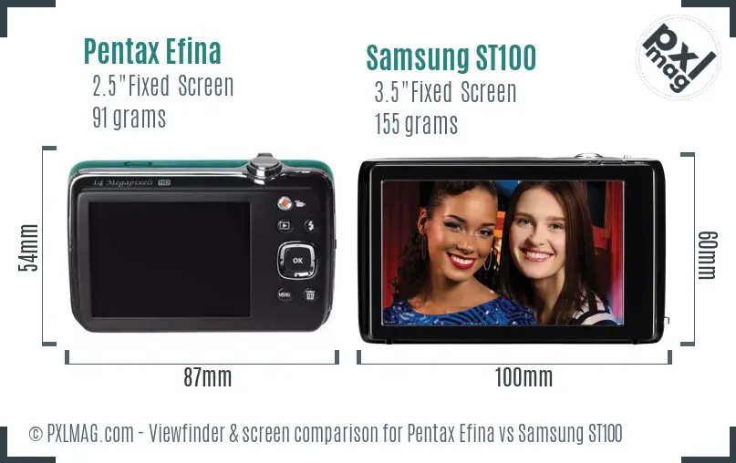 Pentax Efina vs Samsung ST100 Screen and Viewfinder comparison