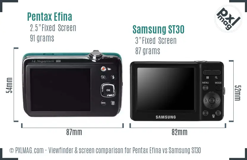 Pentax Efina vs Samsung ST30 Screen and Viewfinder comparison