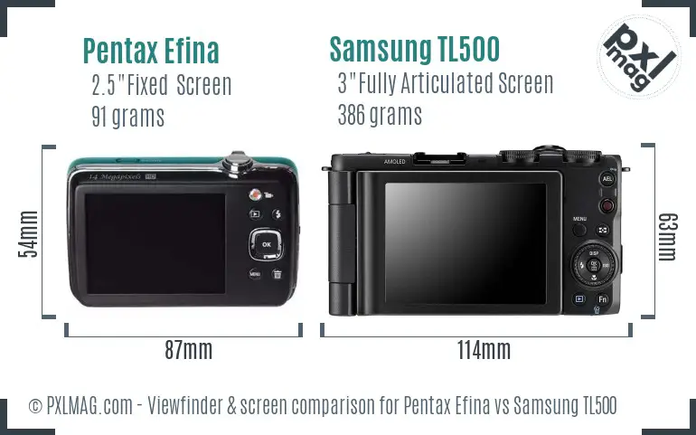 Pentax Efina vs Samsung TL500 Screen and Viewfinder comparison