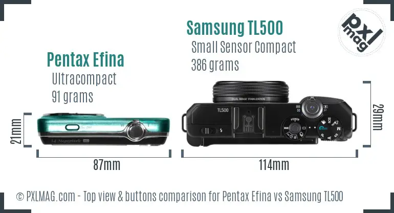 Pentax Efina vs Samsung TL500 top view buttons comparison