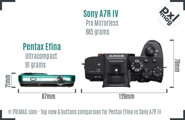 Pentax Efina vs Sony A7R IV top view buttons comparison Pentax Efina vs Sony A7R IV top view buttons comparison