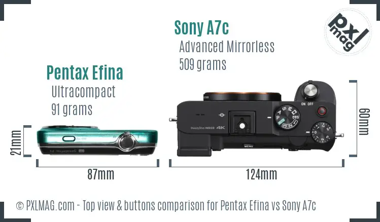 Pentax Efina vs Sony A7c top view buttons comparison