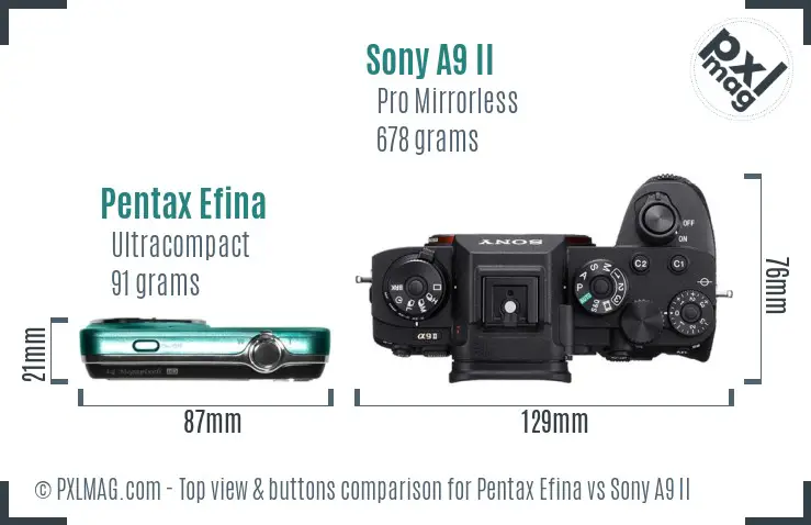Pentax Efina vs Sony A9 II top view buttons comparison