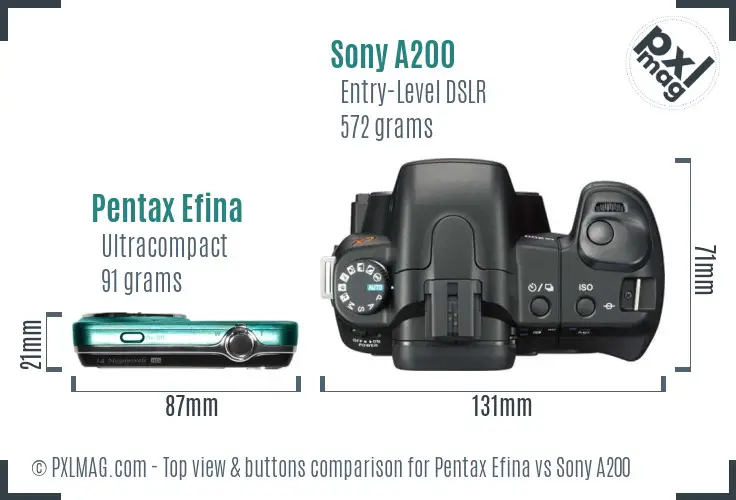 Pentax Efina vs Sony A200 top view buttons comparison