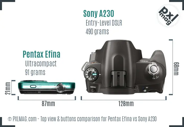 Pentax Efina vs Sony A230 top view buttons comparison