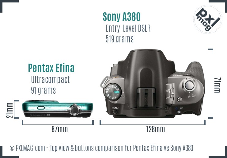 Pentax Efina vs Sony A380 top view buttons comparison