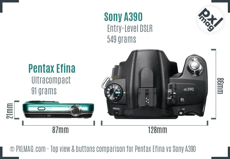 Pentax Efina vs Sony A390 top view buttons comparison Pentax Efina vs Sony A390 top view buttons comparison