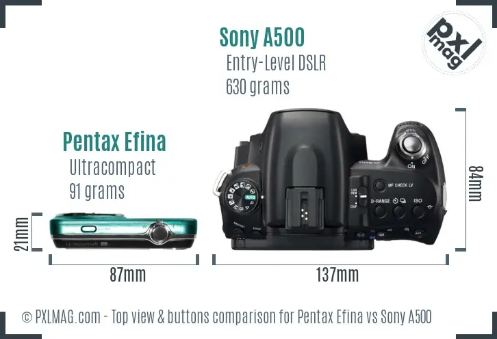 Pentax Efina vs Sony A500 top view buttons comparison