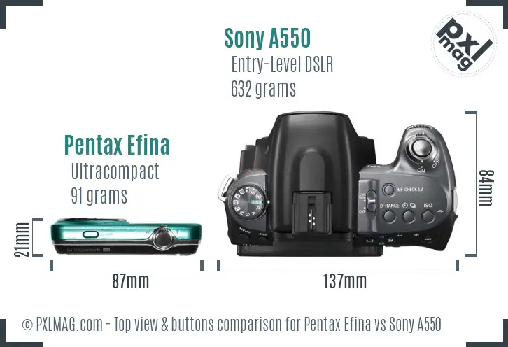 Pentax Efina vs Sony A550 top view buttons comparison