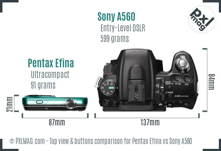 Pentax Efina vs Sony A560 top view buttons comparison