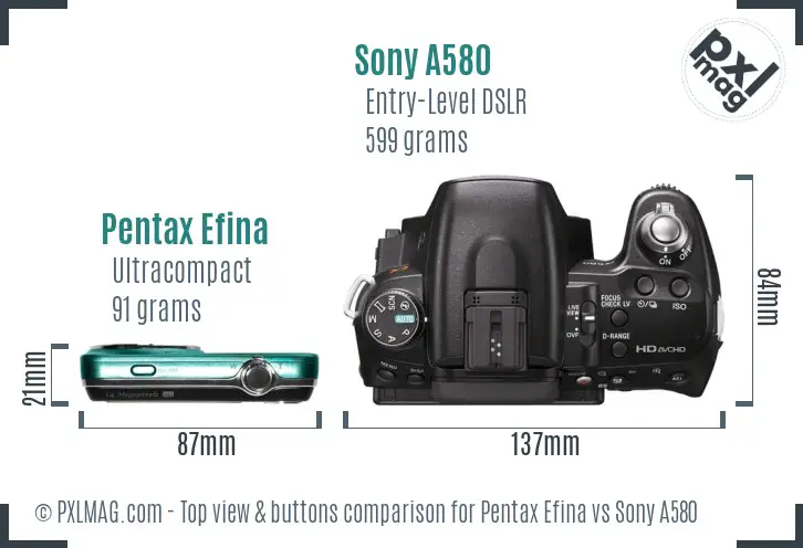 Pentax Efina vs Sony A580 top view buttons comparison