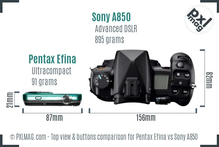 Pentax Efina vs Sony A850 top view buttons comparison