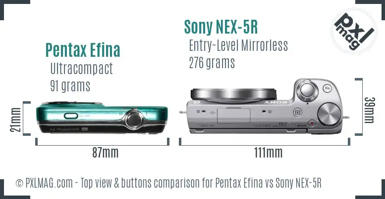 Pentax Efina vs Sony NEX-5R top view buttons comparison