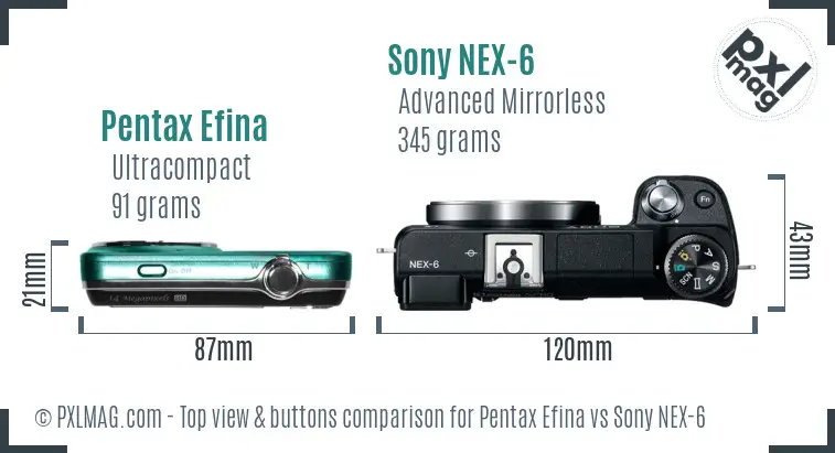 Pentax Efina vs Sony NEX-6 top view buttons comparison Pentax Efina vs Sony NEX-6 top view buttons comparison