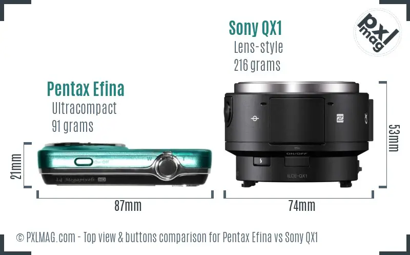 Pentax Efina vs Sony QX1 top view buttons comparison