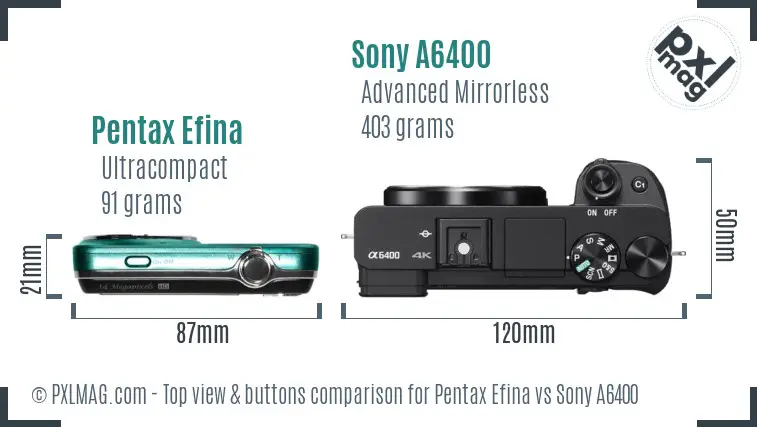 Pentax Efina vs Sony A6400 top view buttons comparison