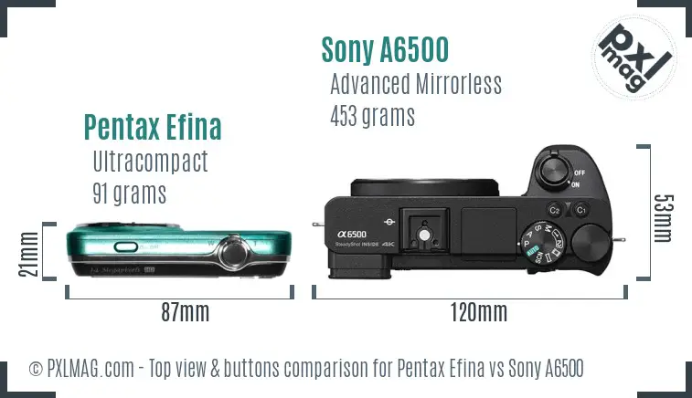 Pentax Efina vs Sony A6500 top view buttons comparison