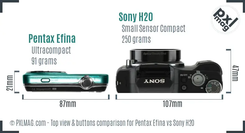 Pentax Efina vs Sony H20 top view buttons comparison