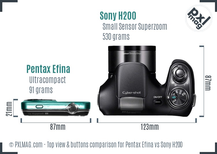 Pentax Efina vs Sony H200 top view buttons comparison