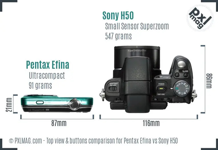 Pentax Efina vs Sony H50 top view buttons comparison