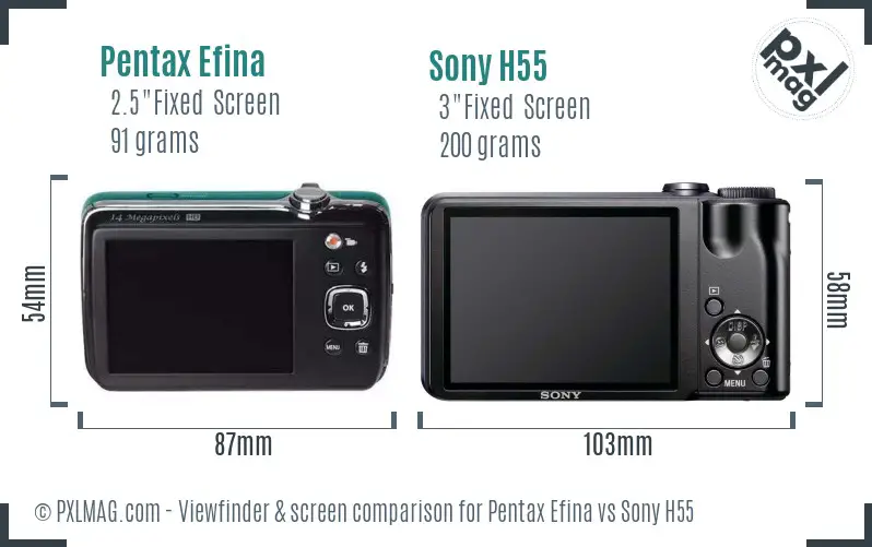 Pentax Efina vs Sony H55 Screen and Viewfinder comparison