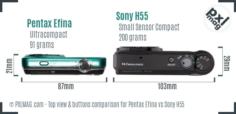 Pentax Efina vs Sony H55 top view buttons comparison