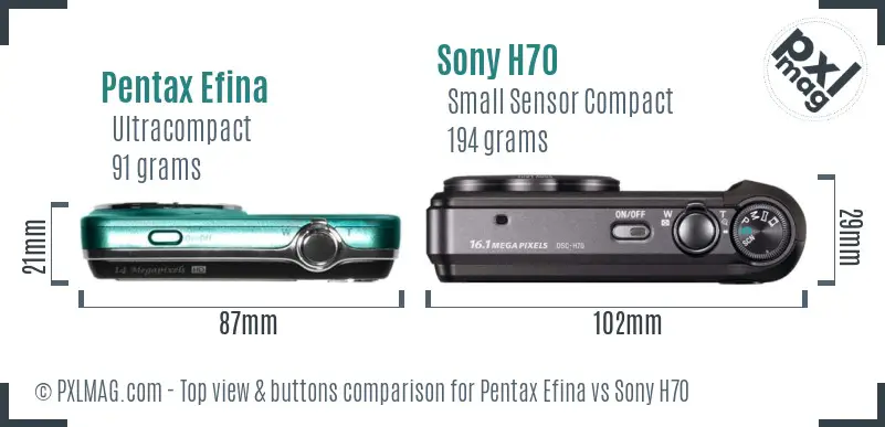 Pentax Efina vs Sony H70 top view buttons comparison
