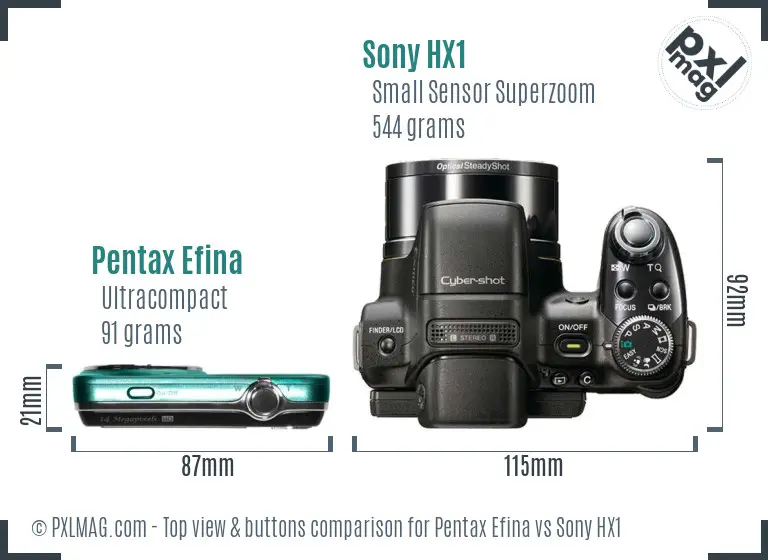 Pentax Efina vs Sony HX1 top view buttons comparison