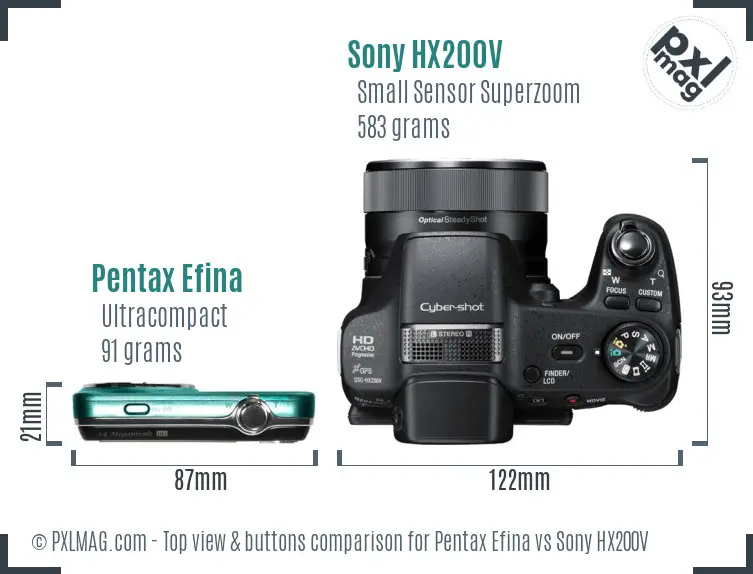 Pentax Efina vs Sony HX200V top view buttons comparison