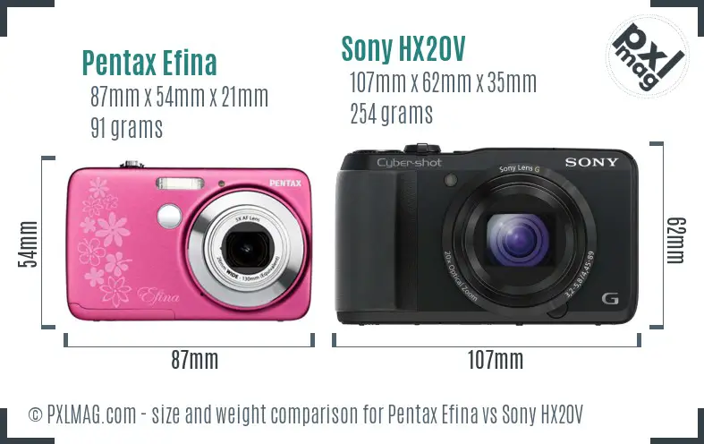 Pentax Efina vs Sony HX20V size comparison