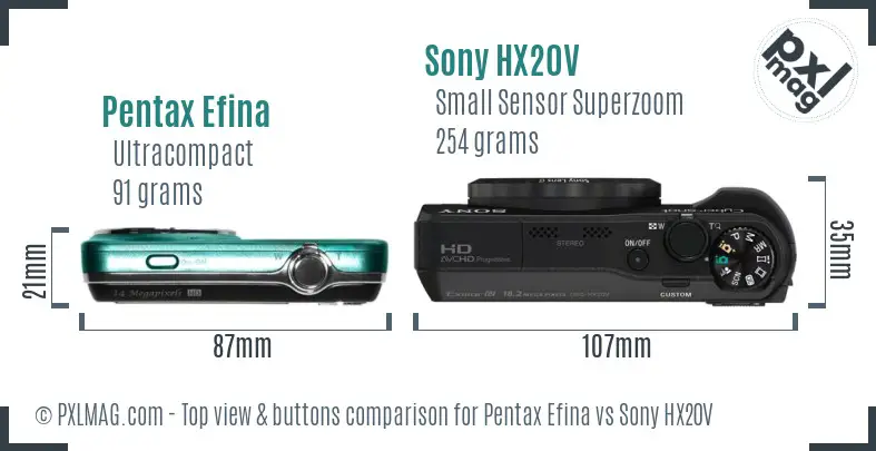 Pentax Efina vs Sony HX20V top view buttons comparison