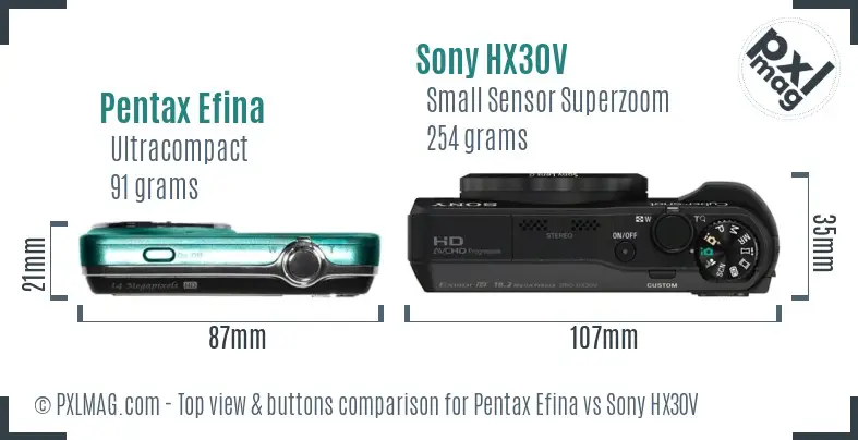 Pentax Efina vs Sony HX30V top view buttons comparison