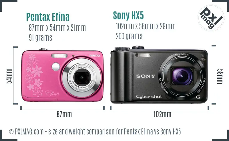 Pentax Efina vs Sony HX5 size comparison