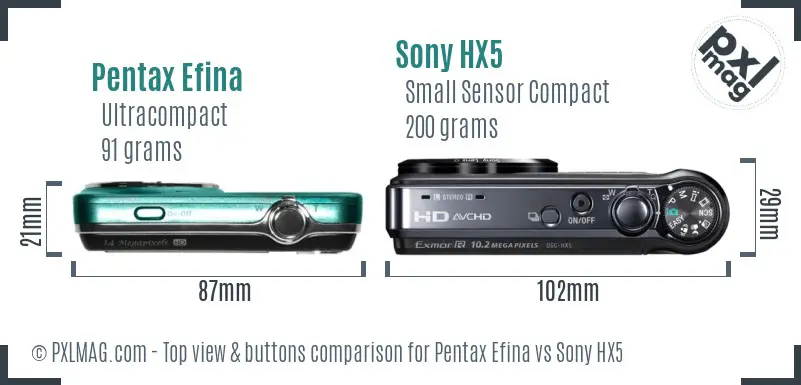 Pentax Efina vs Sony HX5 top view buttons comparison