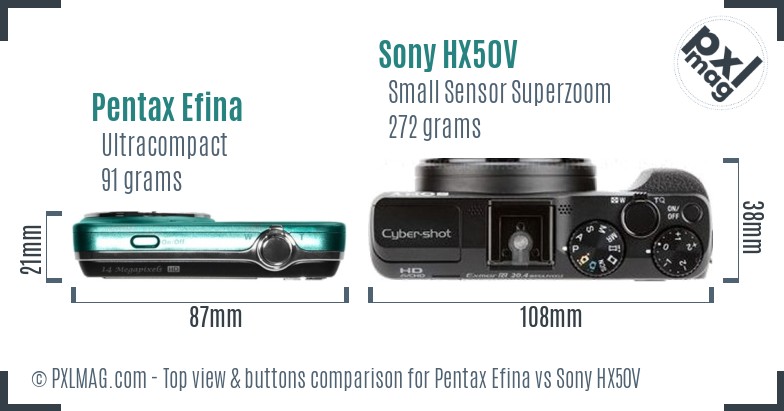 Pentax Efina vs Sony HX50V top view buttons comparison