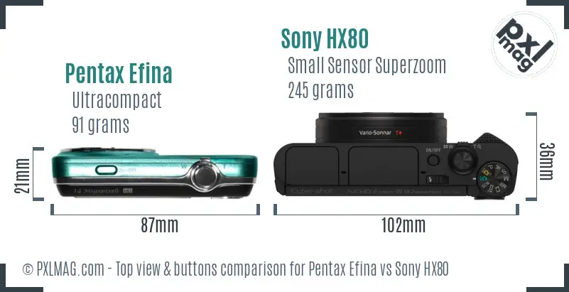 Pentax Efina vs Sony HX80 top view buttons comparison