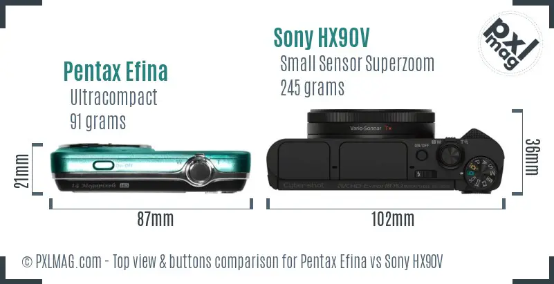 Pentax Efina vs Sony HX90V top view buttons comparison