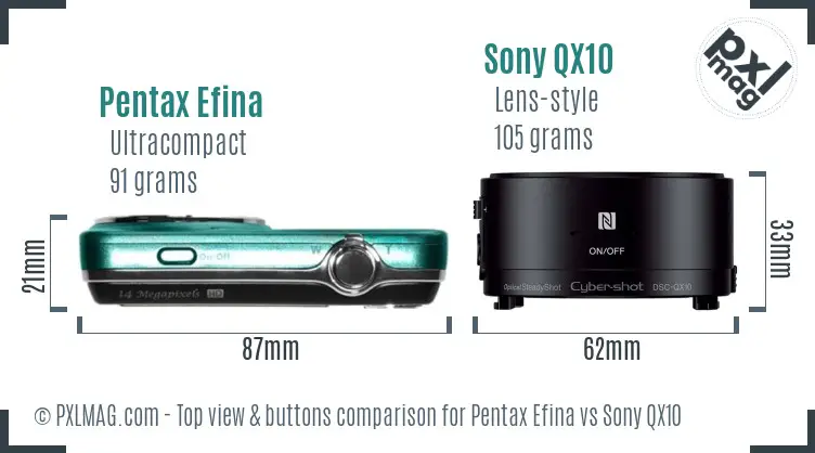Pentax Efina vs Sony QX10 top view buttons comparison Pentax Efina vs Sony QX10 top view buttons comparison