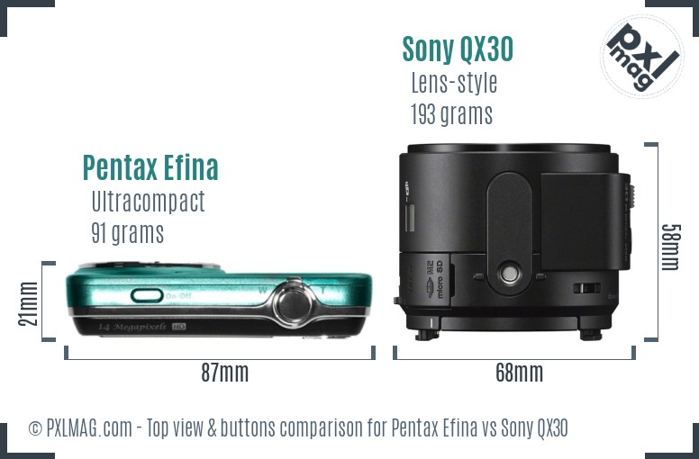 Pentax Efina vs Sony QX30 top view buttons comparison