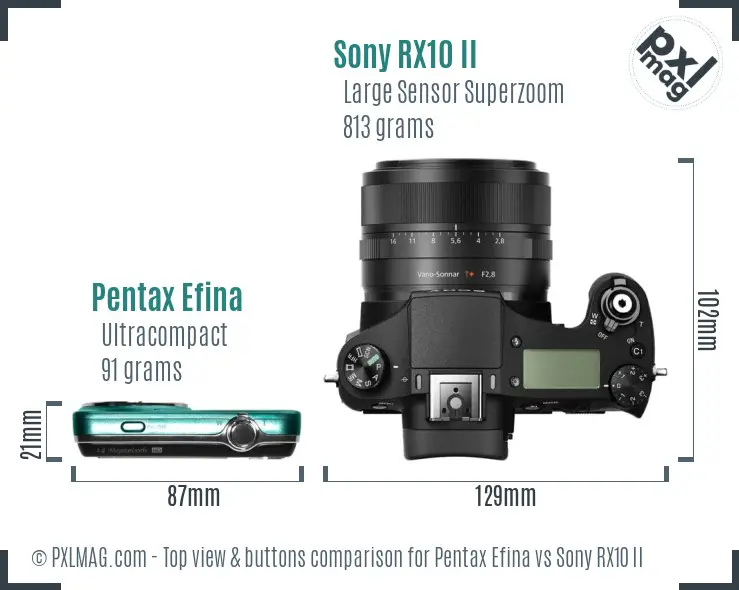 Pentax Efina vs Sony RX10 II top view buttons comparison