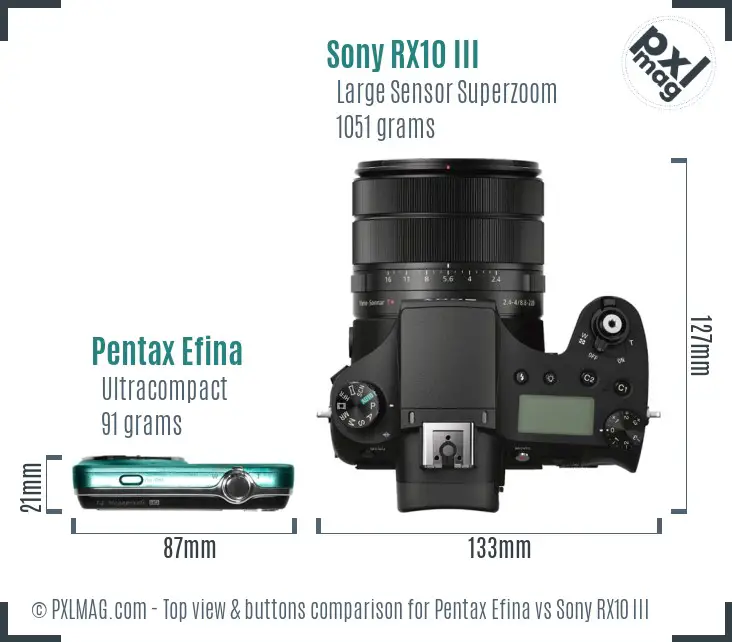 Pentax Efina vs Sony RX10 III top view buttons comparison