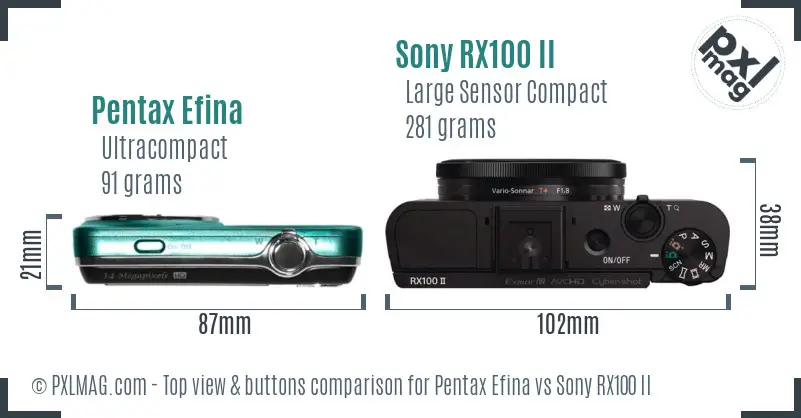 Pentax Efina vs Sony RX100 II top view buttons comparison