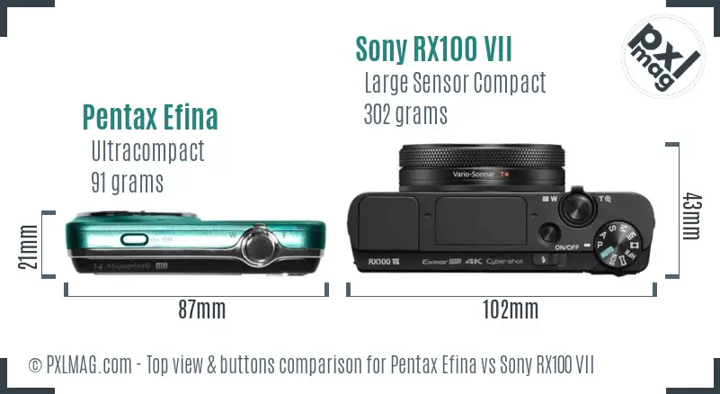 Pentax Efina vs Sony RX100 VII top view buttons comparison