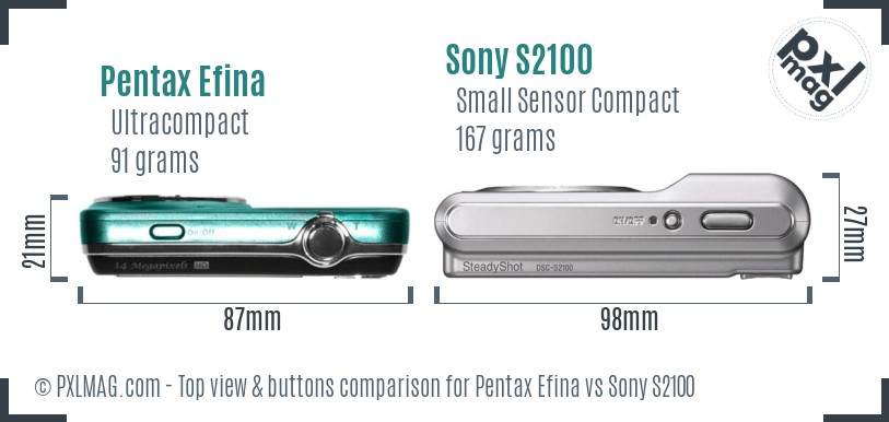 Pentax Efina vs Sony S2100 top view buttons comparison