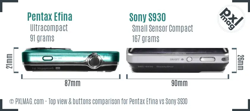 Pentax Efina vs Sony S930 top view buttons comparison Pentax Efina vs Sony S930 top view buttons comparison