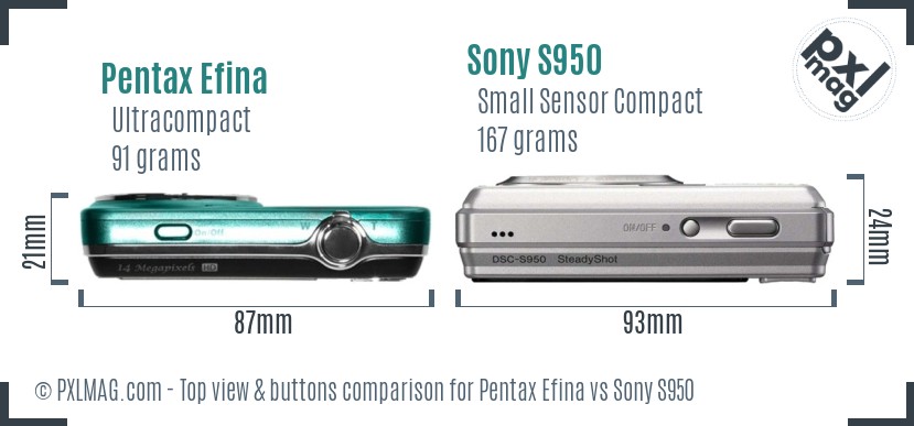 Pentax Efina vs Sony S950 top view buttons comparison