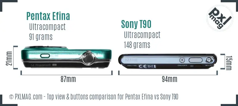 Pentax Efina vs Sony T90 top view buttons comparison