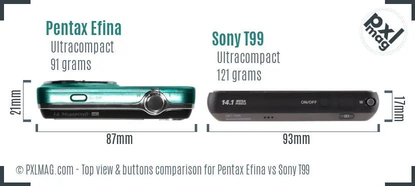 Pentax Efina vs Sony T99 top view buttons comparison