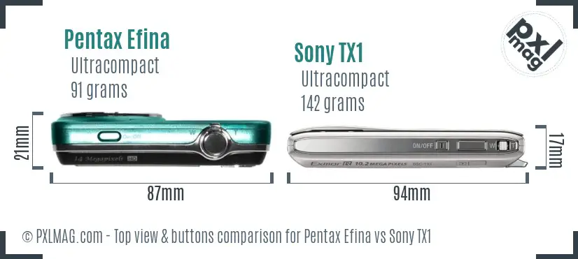 Pentax Efina vs Sony TX1 top view buttons comparison Pentax Efina vs Sony TX1 top view buttons comparison