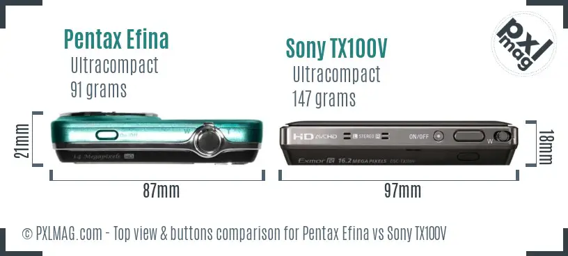 Pentax Efina vs Sony TX100V top view buttons comparison